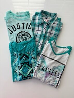 Justice Girls Teal & White Graphic Tops - 4-Pack